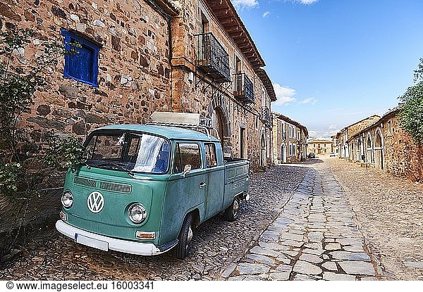 Classic old van in medieval streets of Castrillo de los Polvazares (Leon province  region of Castilla y Leon  Spain)
