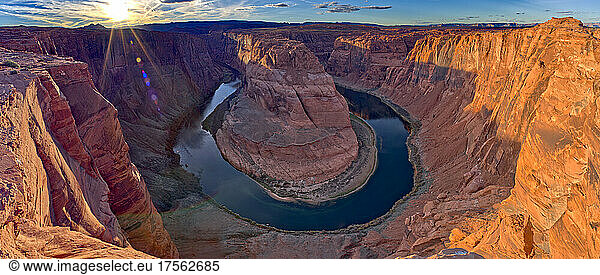 Classic view of Horseshoe Bend before sundown in the Glen Canyon Recreation Area near Page  Arizona  United States of America  North America