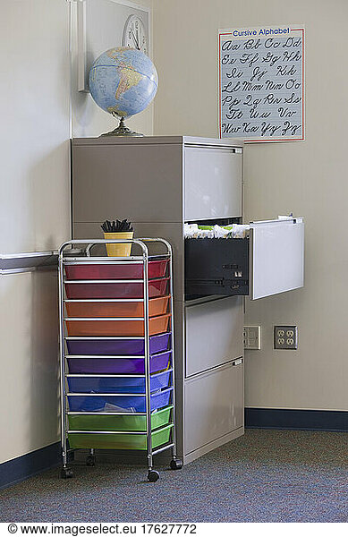 Classroom filled with equipment including filing cabinet  globe  and handwriting poster.