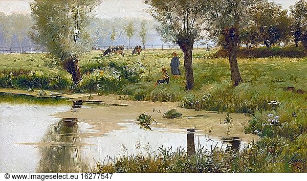 Claus Emile - eine pastorale Szene mit Kindern und Vieh an einem Teich - Belgische Schule - 19. Jahrhundert.