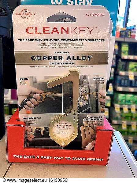 Cleankey  Kupferprodukt  das während der Coronavirus-Pandemie verkauft wurde  zum berührungslosen Öffnen von Türen und Drücken von Tasten  New York City.