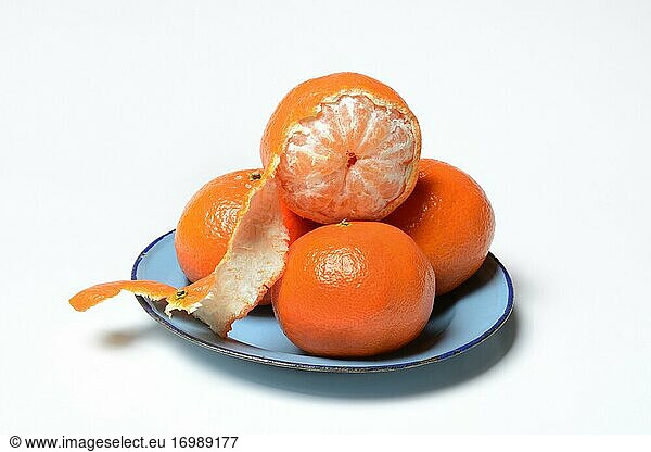 Clementines on plate  unpeeled and half peeled  white background  Germany  Europe