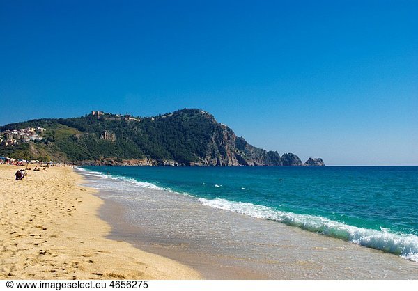Cleopatra Beach with Kale fortress central Alanya Mediterranian coast Anatolia region Turkey Asia