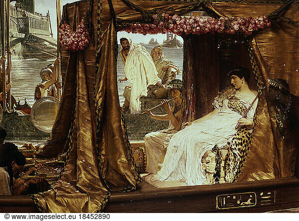 Cleopatra VII Philopator Queen of Egypt 69 – 30 BC.–The meeting of Antony and Cleopatra 41 BC.–Painting  1885  by Sir Lawrence Alma-Tadema (1836–1912).Oil on wood  65 5 × 91 5 cm.Private collection.