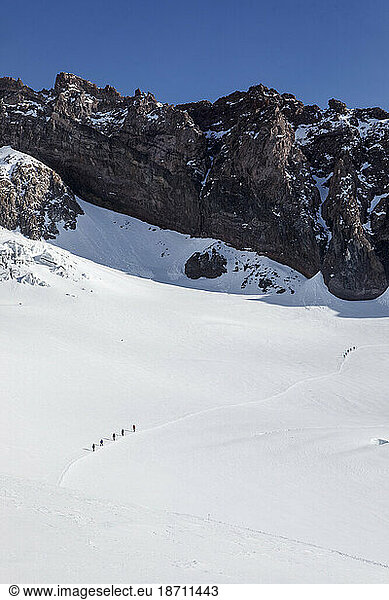 Climbing Teams Descend a Trail Above Camp Muir on Mount Rainier