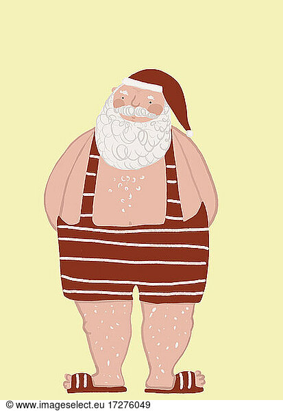 Clip-Art des Weihnachtsmanns in altmodischer Badekleidung und Flip-Flops