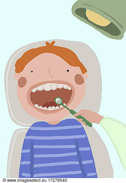 Clip-Art eines Jungen während einer Untersuchung beim Zahnarzt