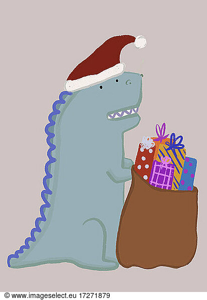 Clip art of dinosaur wearing Santa hat holding sack filled with Christmas presents