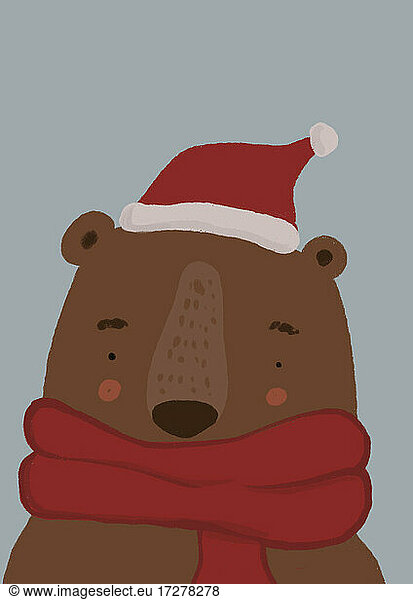 Clip-Art von Braunbär mit Schal und Weihnachtsmannmütze