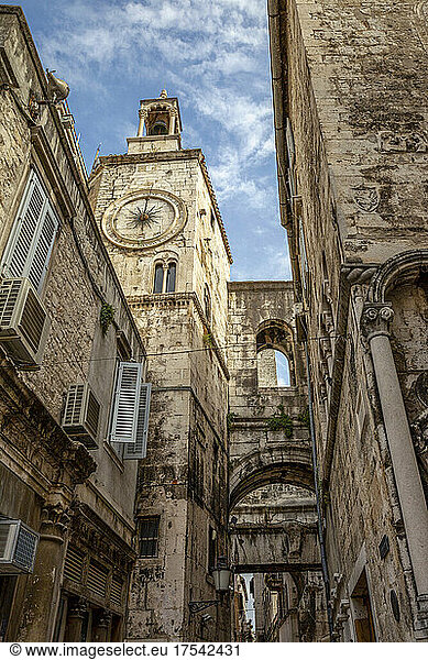 Clock tower at Iron Gate of Diocletian's Palace  Split  Dalmatia  Croatia