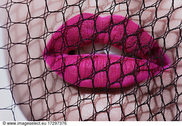 Close-up beauty shot of lips of a young pretty model with bright cat-eye make-up. Pink lips. Gorgeous beauty portait