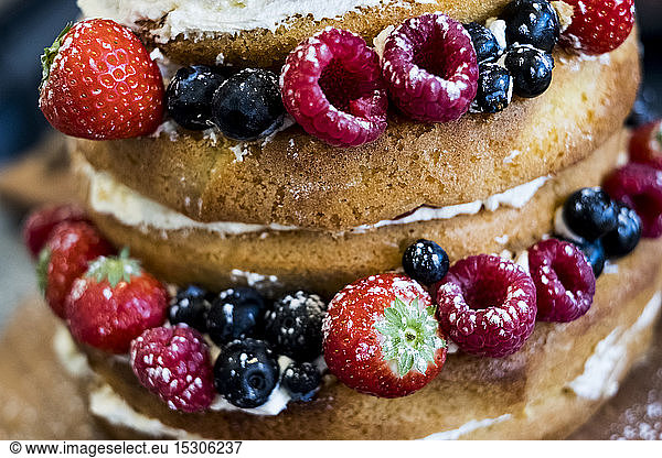 Close up of a freshly baked sponge cake layered with fresh cream and fresh fruit.