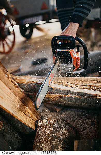 Close-up of a man cutting firewood with a chainsaw. Sawdust flyi