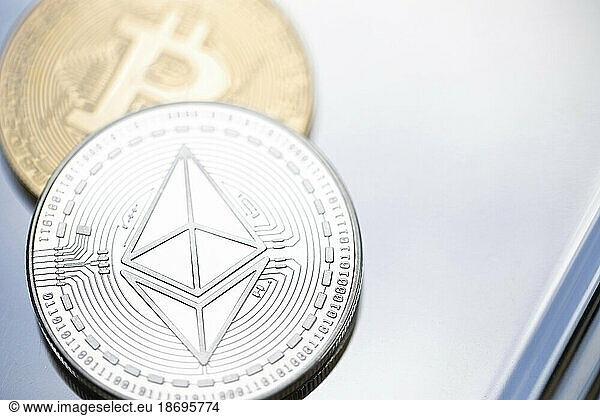 Close-up of Bitcoin and Ethereum coins