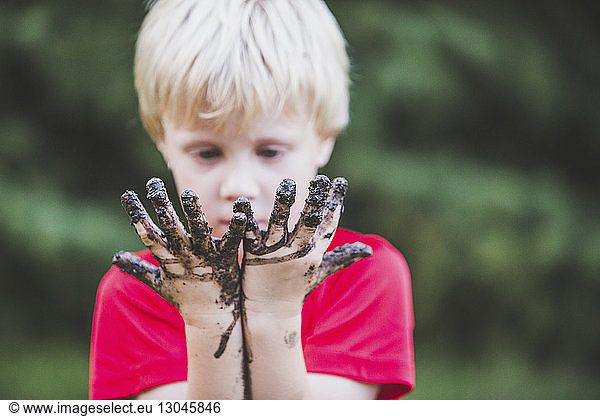 Close-up of boy looking at his dirty hands while standing in backyard