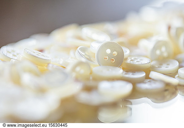 Close-up of buttons made with shells on table in workshop