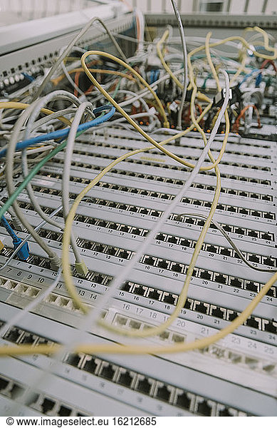 Close-up of cables in computer equipment at data center