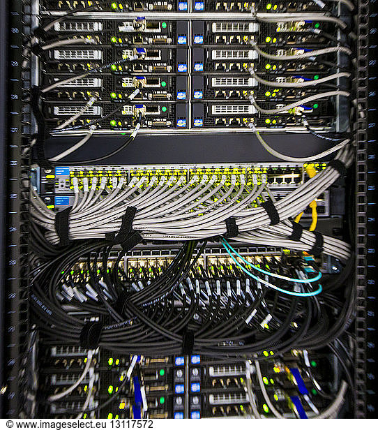 Close-up of cables in network server
