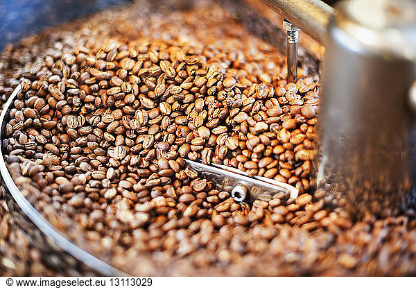 Close up of coffee beans in coffee roaster