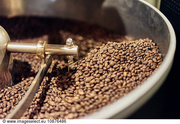 Close up of coffee beans in coffee shop roaster