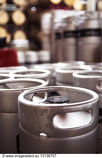 Close-up of containers at brewery