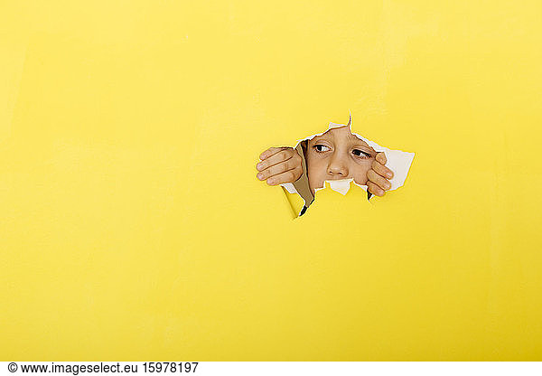 Close-up of curious boy tearing yellow paper while looking away