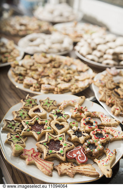 Close-up of different shaped cookies in a plate
