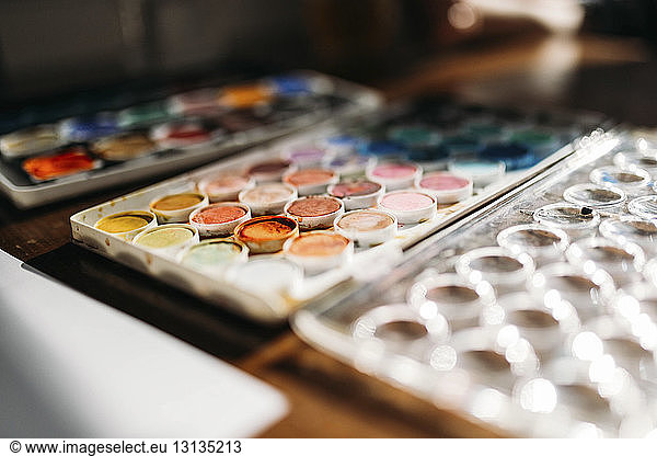 Close-up of dry colorful watercolor paints on table