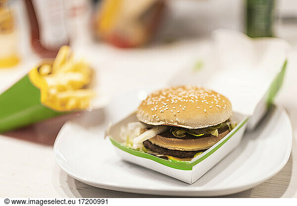 Close up of fast food burger and french fries