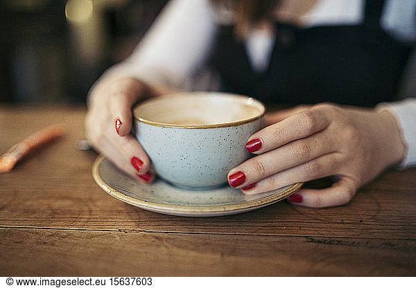 Close up of female hands holding a coffee cup