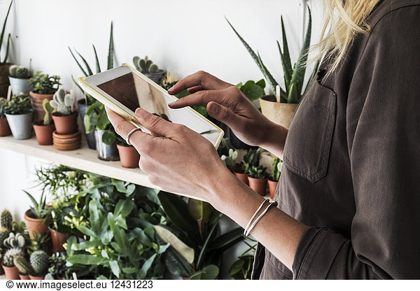 Close up of female owner of plant shop holding digital tablet  a selection of plants on wooden shelves.