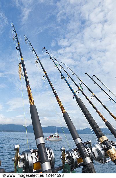 Close Up Of Fishing Rods And Reels Rigged For Salmon Fishing On A Charter Boat  Seward  Southcentral Alaska  Summer