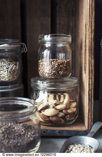 Close-up of food in glass jars on kitchen counter