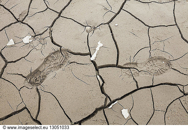 Close-up of footprints on dry barren land