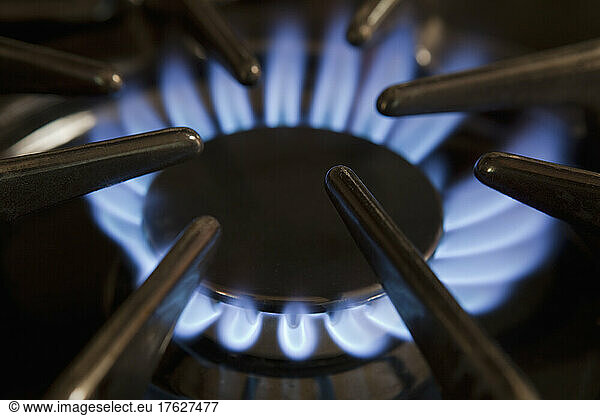 Close up of gas hob with the burner lit. Power heat and energy. Blue flames