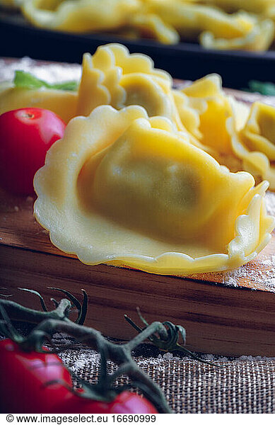 Close up of Italian pasta with ingredients. Gastronomic concept