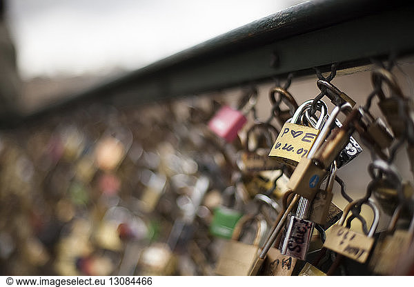 Close-up of love locks at Pont des Arts