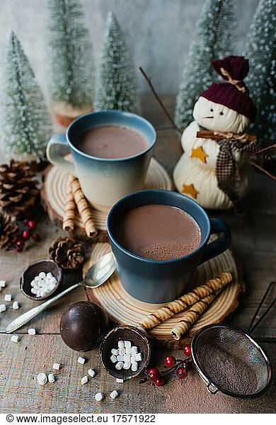 Close up of mugs of hot cocoa surrounded by winter things.