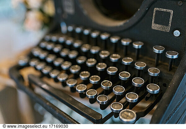 Close-up of old typewriter at wedding banquet
