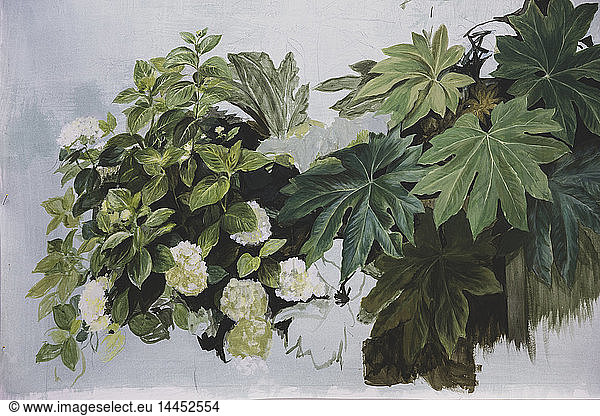 Close up of painting of white flowers and green foliage on light blue background.
