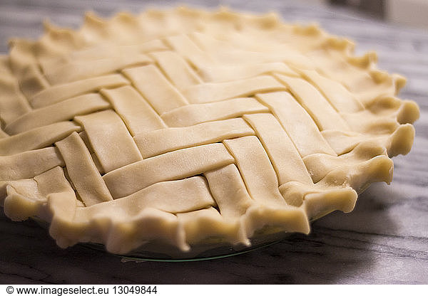 Close-up of pie in plate on table