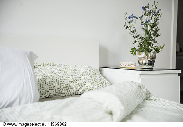 Close-up of pillows and blanket on bed