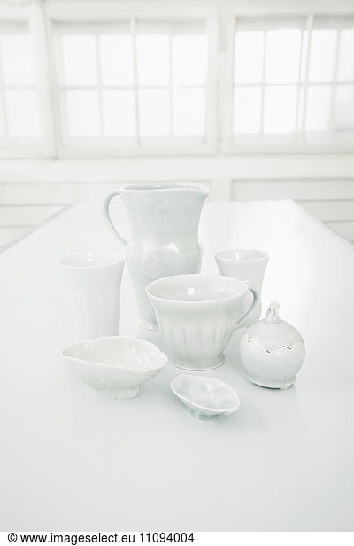 Close-up of porcelain crockeries on table  Bavaria  Germany