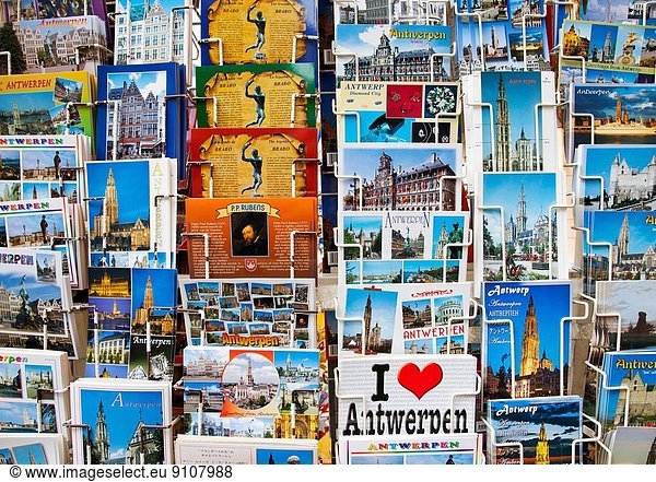 Close up of postcard display  Antwerp  Belgium