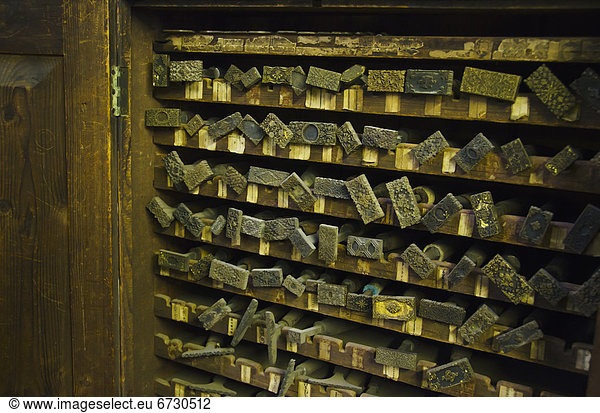 Close up of printing blocks from antique book binding
