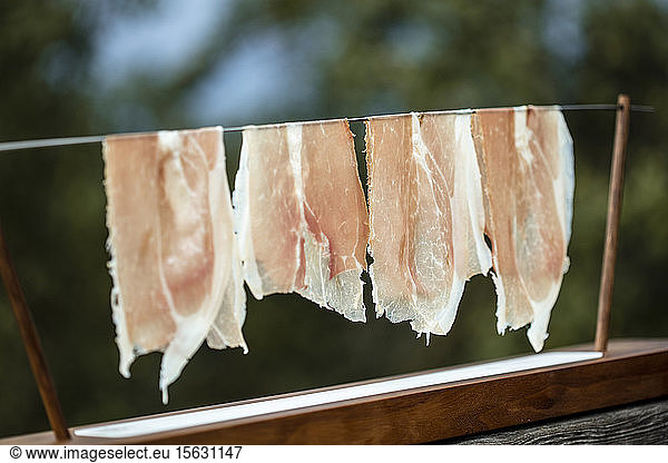 Close-up of raw hams hanging for drying outdoors