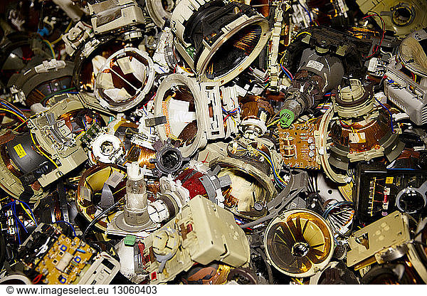 Close-up of ruined electrical equipment in recycling plant