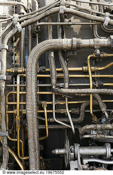 Close-up of tangled pipes.