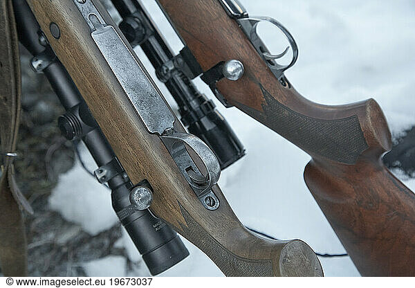 Close up of two rifles during hunting trip  New Zealand
