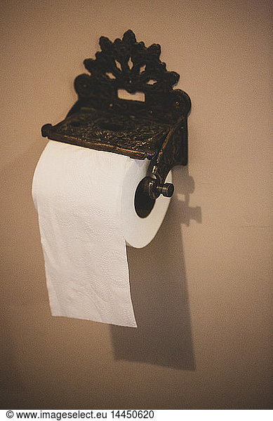 Close up of vintage metal toilet paper roll holder.